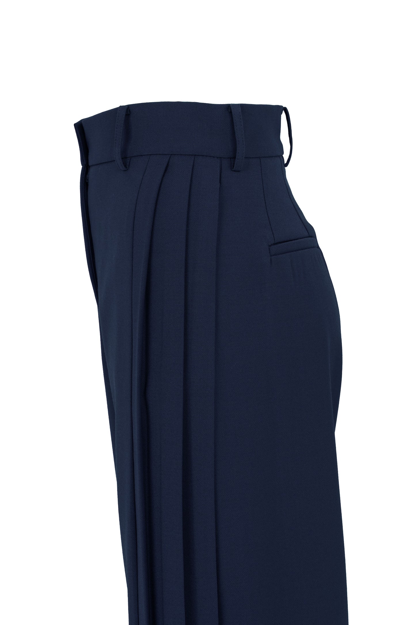 Details of Botteghe Oscure blue virgin wool flare pants with deep pleats side detailing