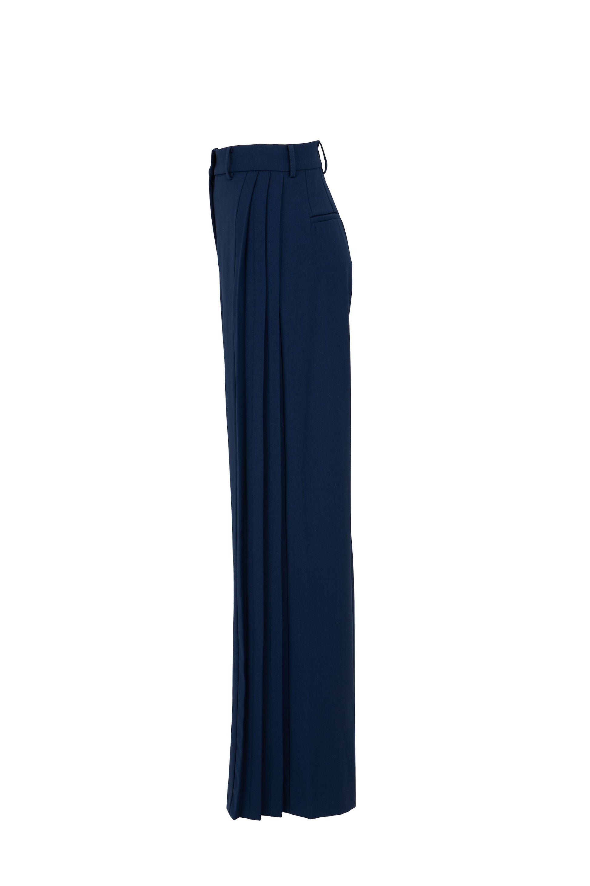 Side picture of Botteghe Oscure blue virgin wool flare pants with deep pleats side detailing.