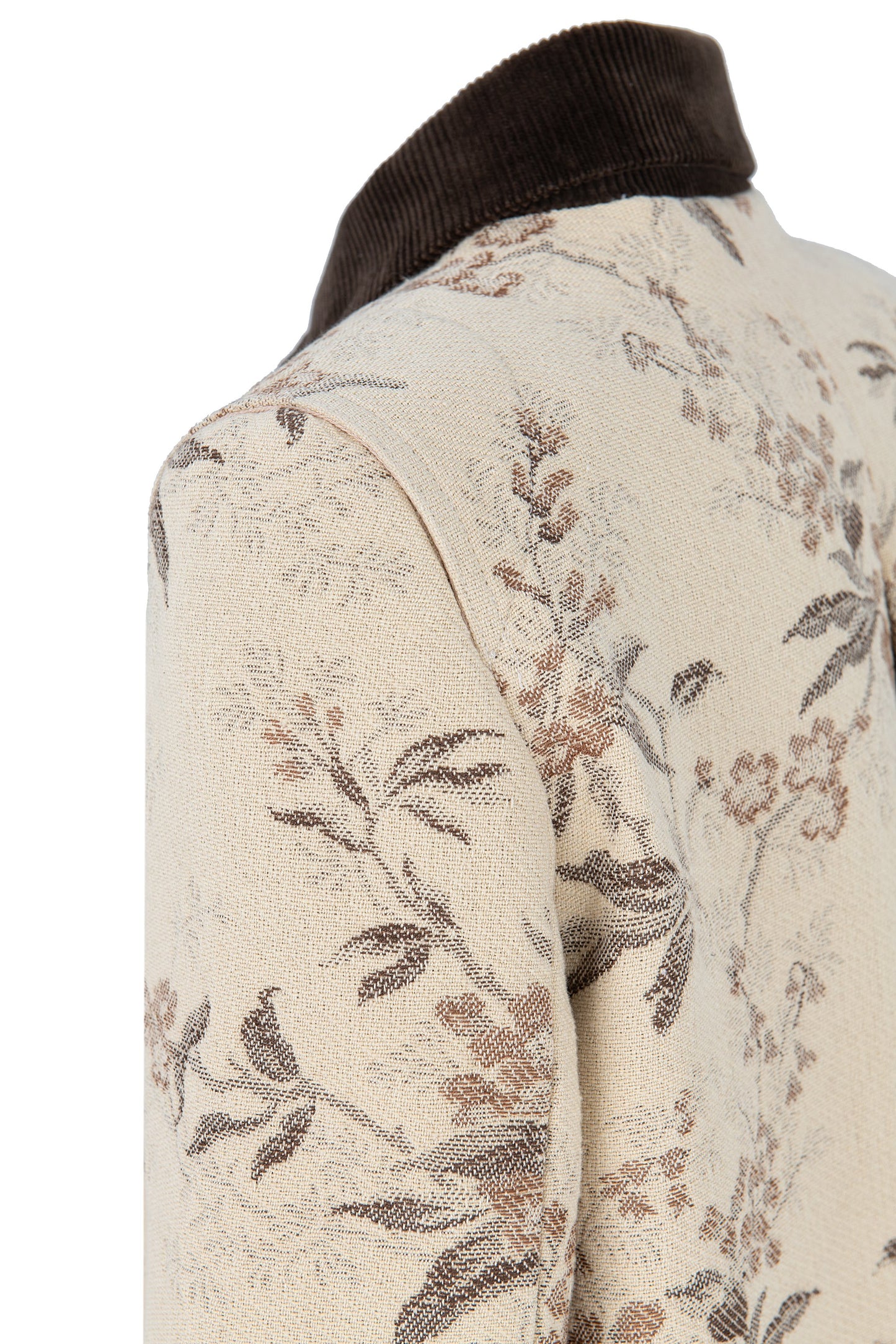 Botteghe Oscure one-of-a-kind field jacket in vintage tapestry fabric, close-up with botanical pattern and velvet collar and cuffs