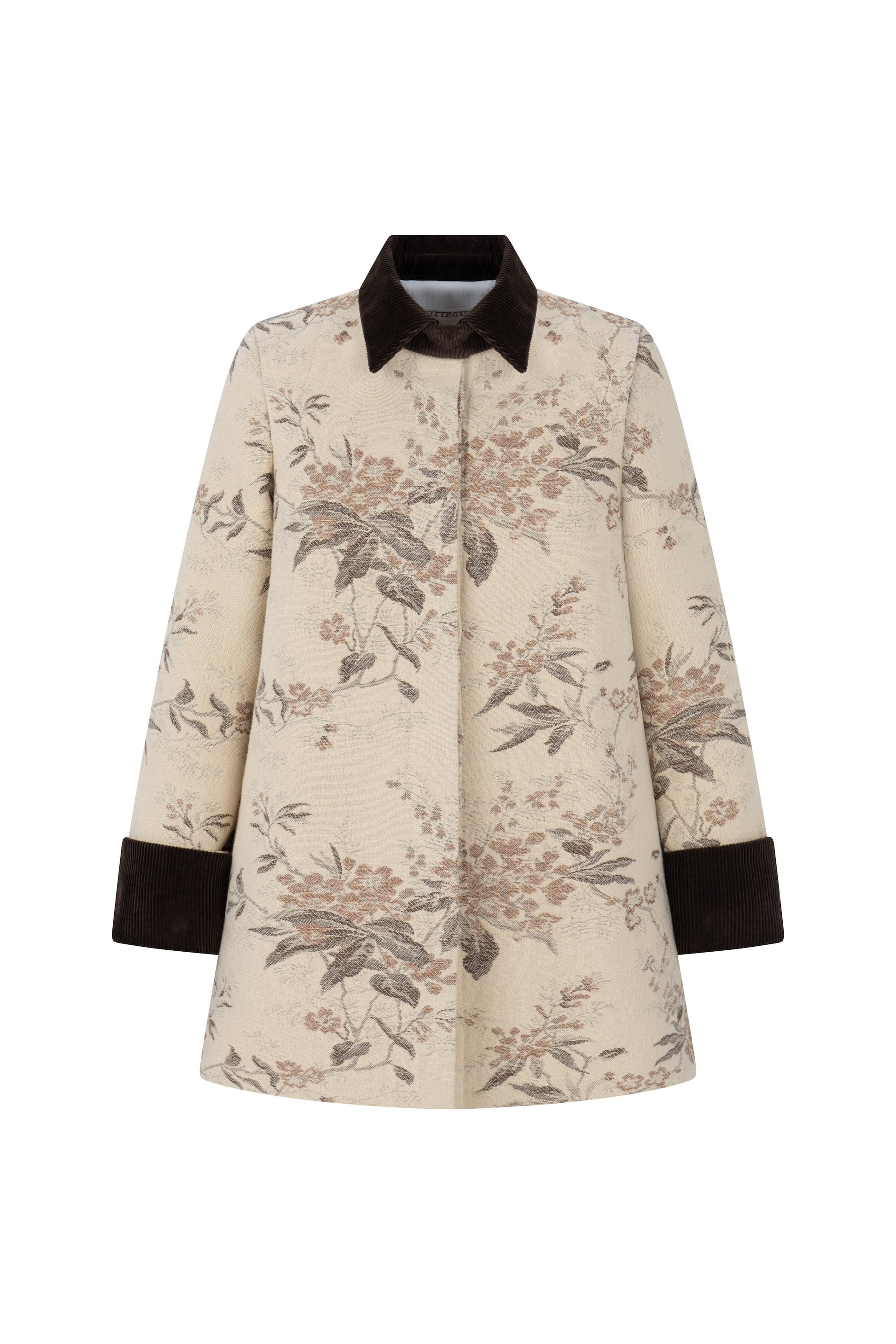 Botteghe Oscure one-of-a-kind field jacket in vintage tapestry fabric, front view with botanical pattern and velvet collar and cuffs