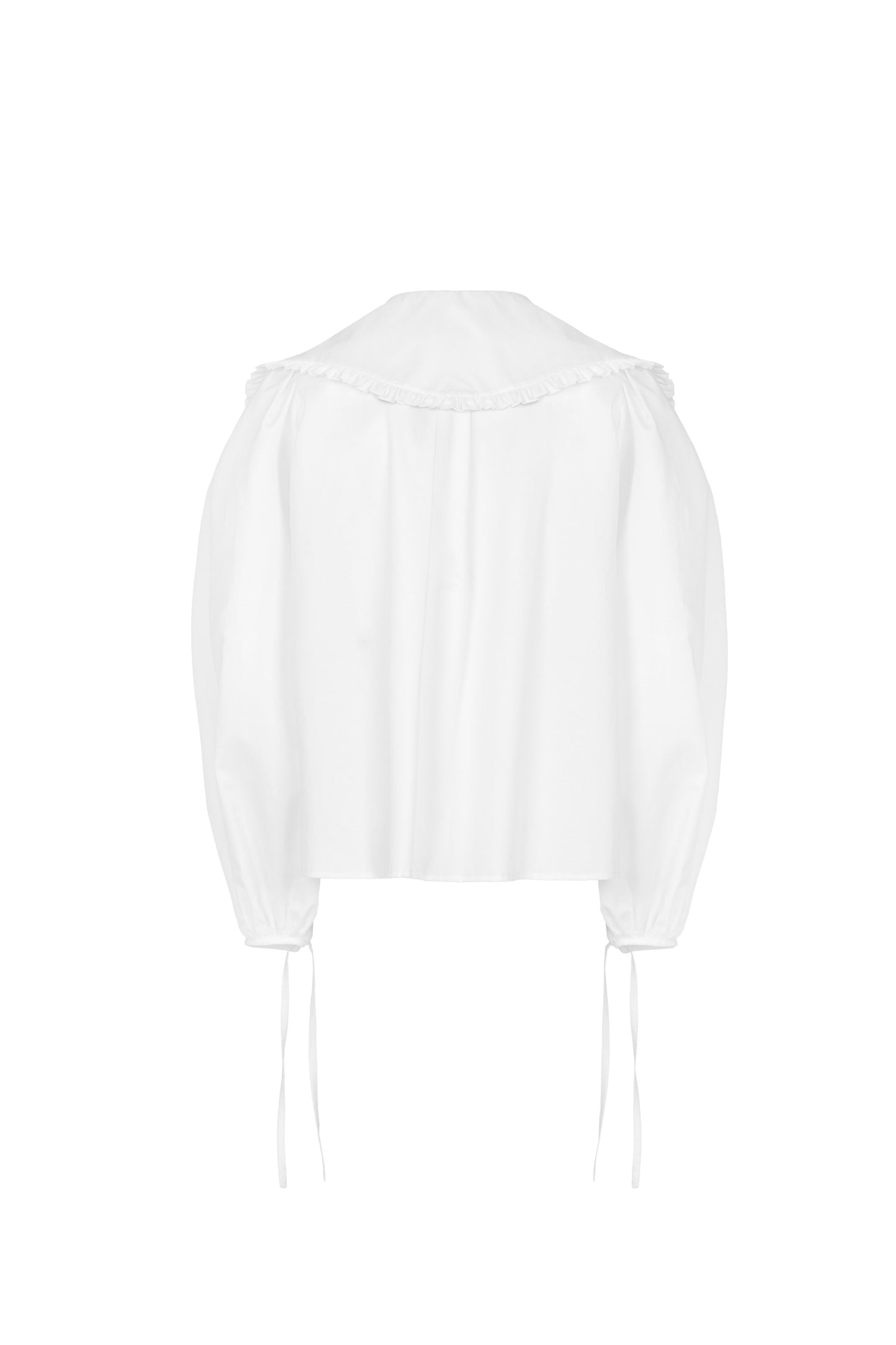 White cotton poplin oversize shirt with ruffle collar and 1930s vintage buttons by Botteghe Oscure – back view