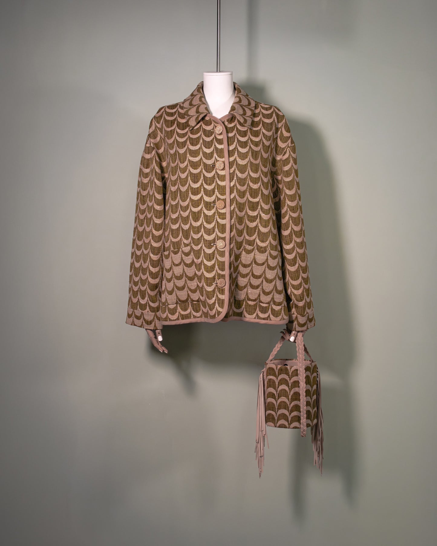 One of a kind Botteghe Oscure workwear jacket In archival Palmette linen fabric, front view.